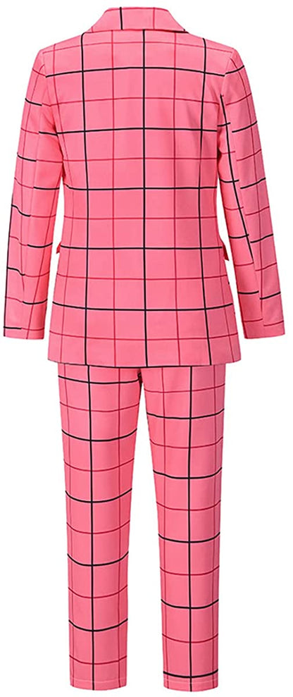 Women's Coral Pink Plaid 2pc Long Sleeve Blazer & Pants Suits Set