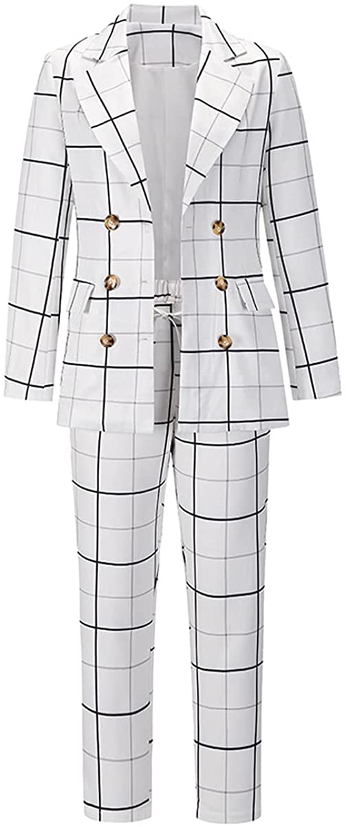 Women's White Plaid 2pc Long Sleeve Blazer & Pants Suits Set