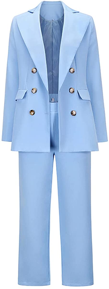 Women's Blue Open Front Long Sleeve 2 Piece Outfit Suits Set