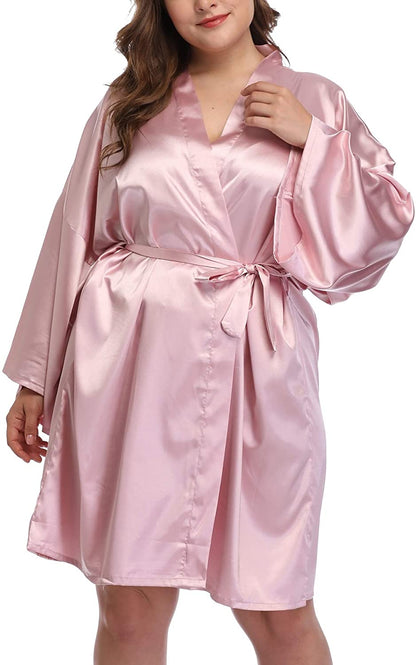 Plus Size Rose Pink Silk Kimono Robe