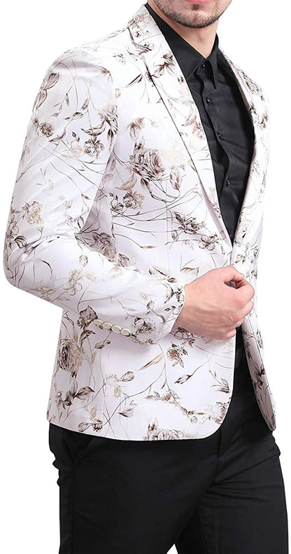 Men's Stylish Slim Fit White Floral Printed Blazer