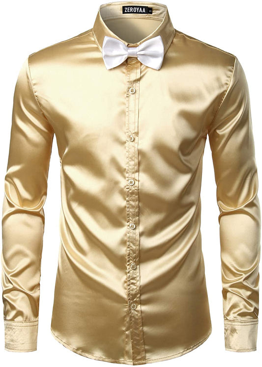 Men's Luxury Gold Shiny Silk Button Up Shirt