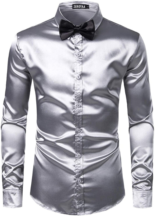 Men's Luxury Silver Shiny Silk Button Up Shirt