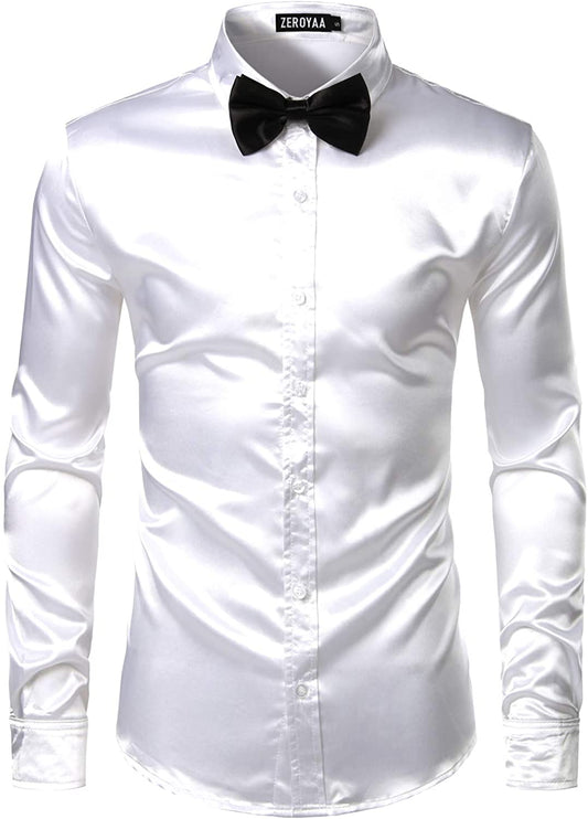 Men's Luxury White Shiny Silk Button Up Shirt