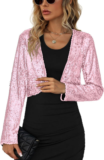 Glitter Sparkle Black Long Sleeve Sequin Blazer Crop Jacket