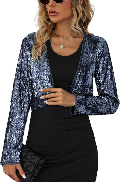 Glitter Sparkle Silver Long Sleeve Sequin Blazer Crop Jacket