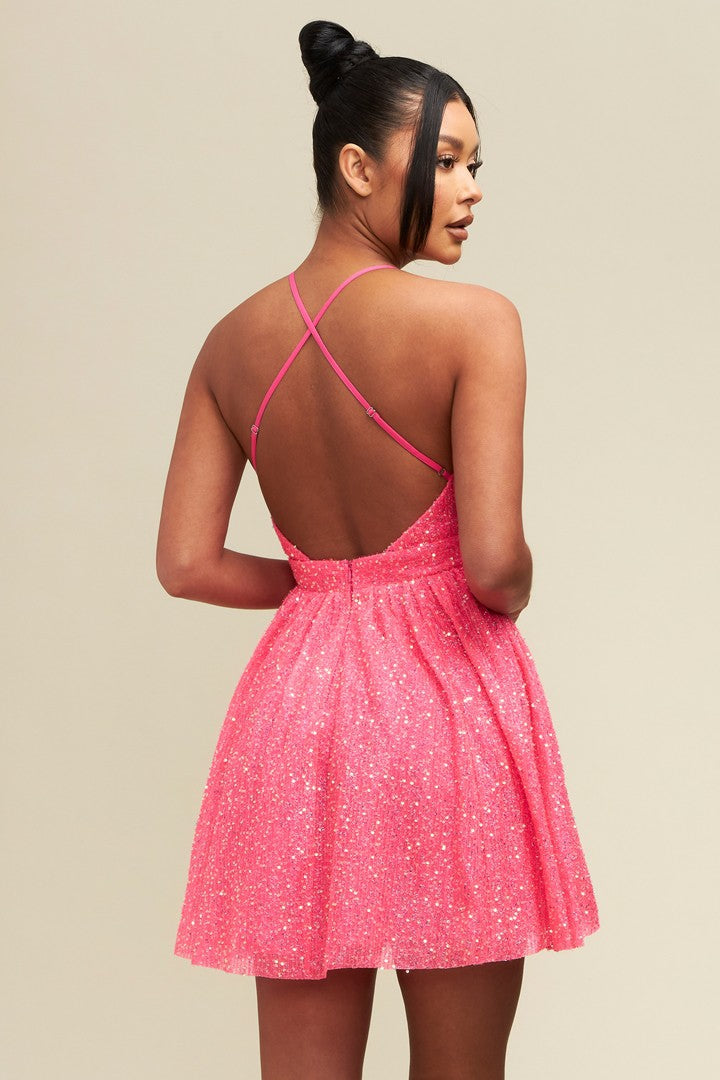 Glitter Pink Sequin Backless V Cut Skater Dress