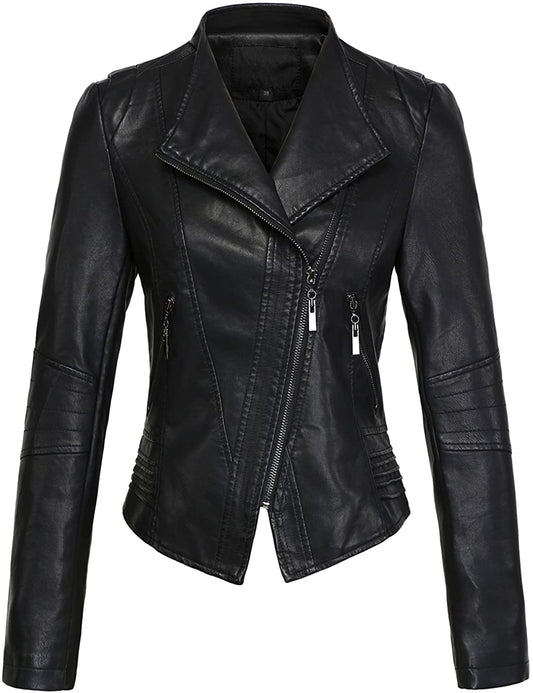 Casual Black Collarless Cropped Pu Leather Biker Jacket