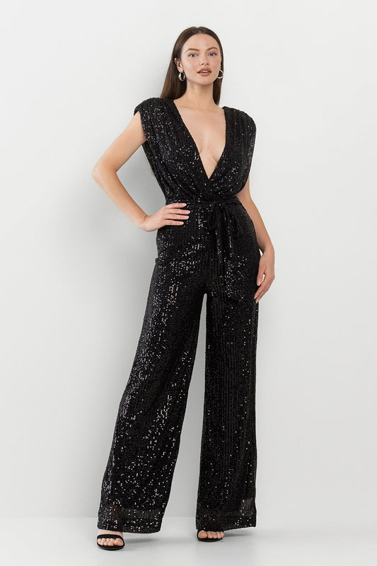 London Chic Black Deep V Power Shoulder Sequined Jumpsuit