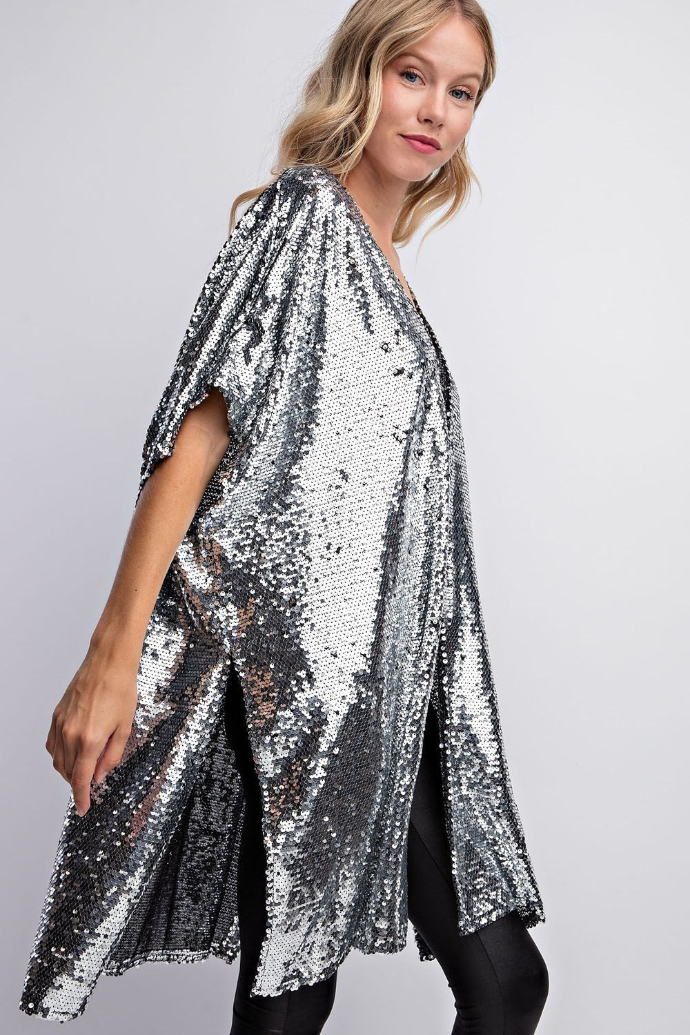 Silver Sparkle Sequin Waterfall Cardigan Top