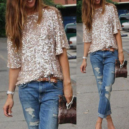 Sparkling Champagne Sequin Short Sleeve Top